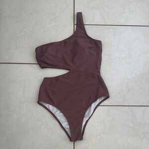 Brown/purple One-Shoulder Cutout Swimsuit